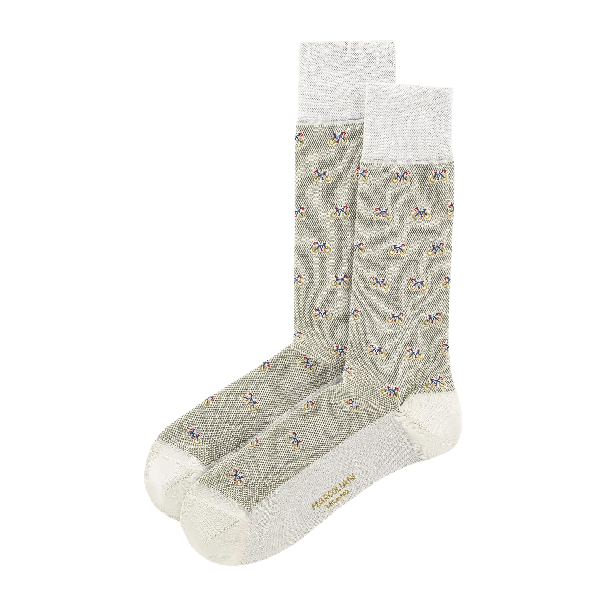 Beige Tiny Bike Motif Pima Cotton Mid-Calf Socks - Marcoliani
