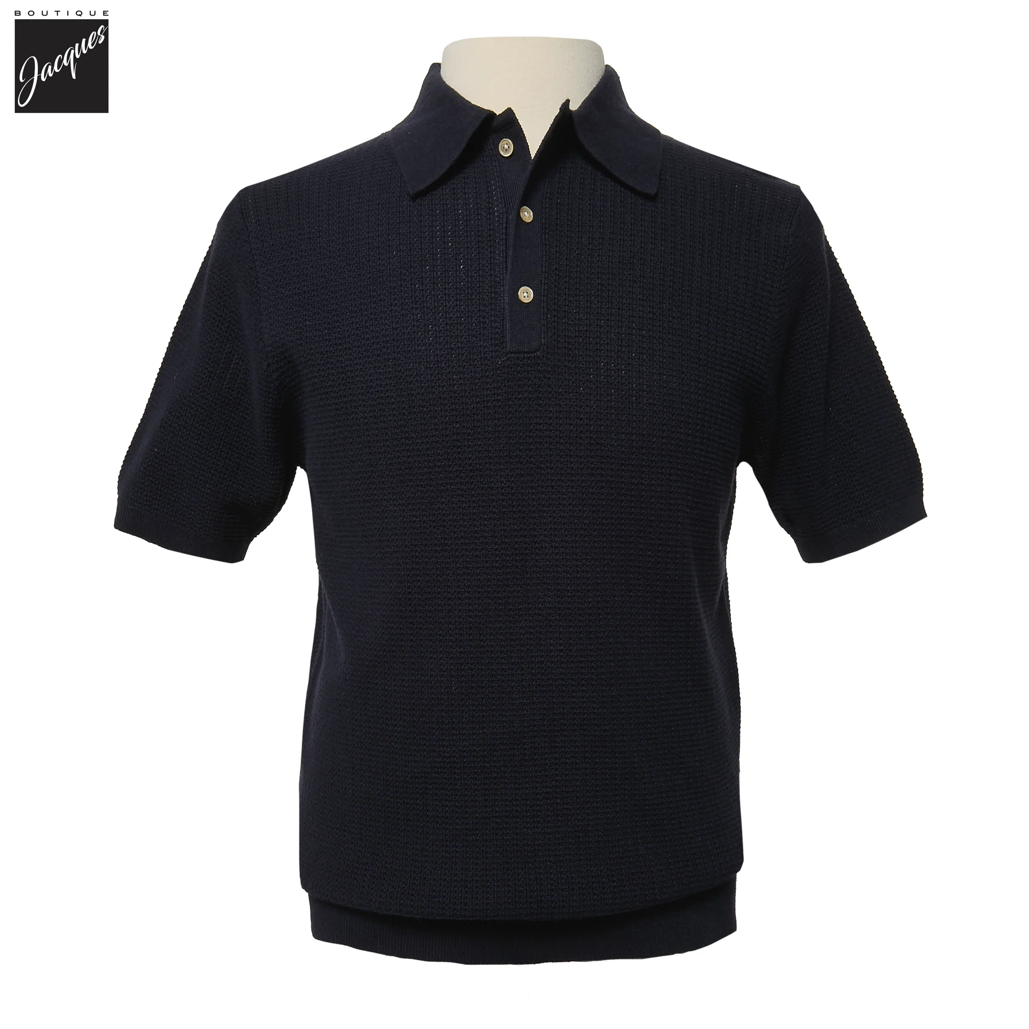 Navy Blue Cotton-Hemp Knitted Crochet Polo Shirt - Stenströms - Image 2