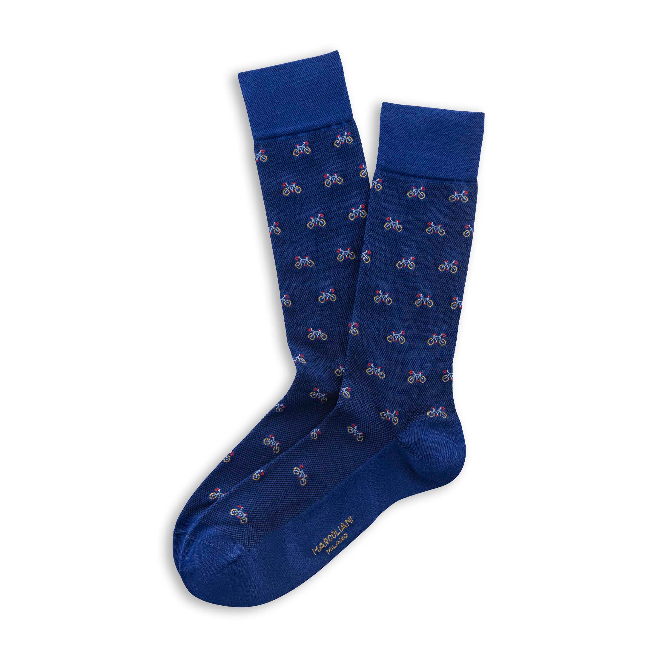 Navy Tiny Bike Motif Pima Cotton Mid-Calf Socks - Marcoliani