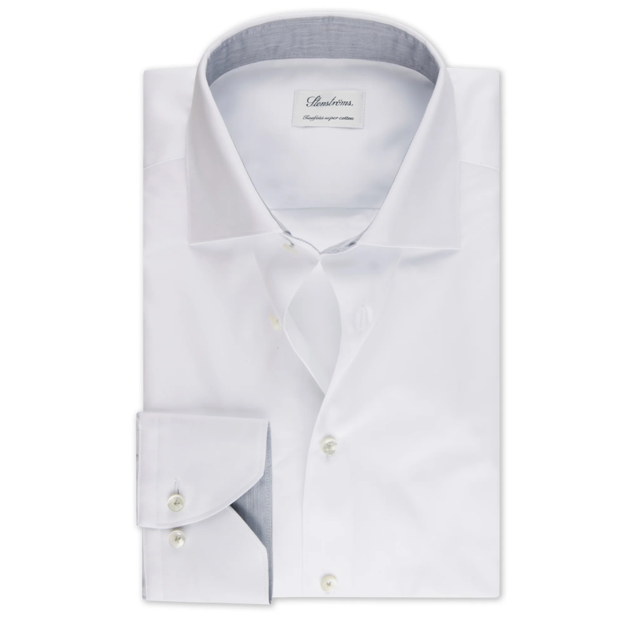 White w/ Gray Contrast Twofold Cotton Slimline Shirt - Stenströms